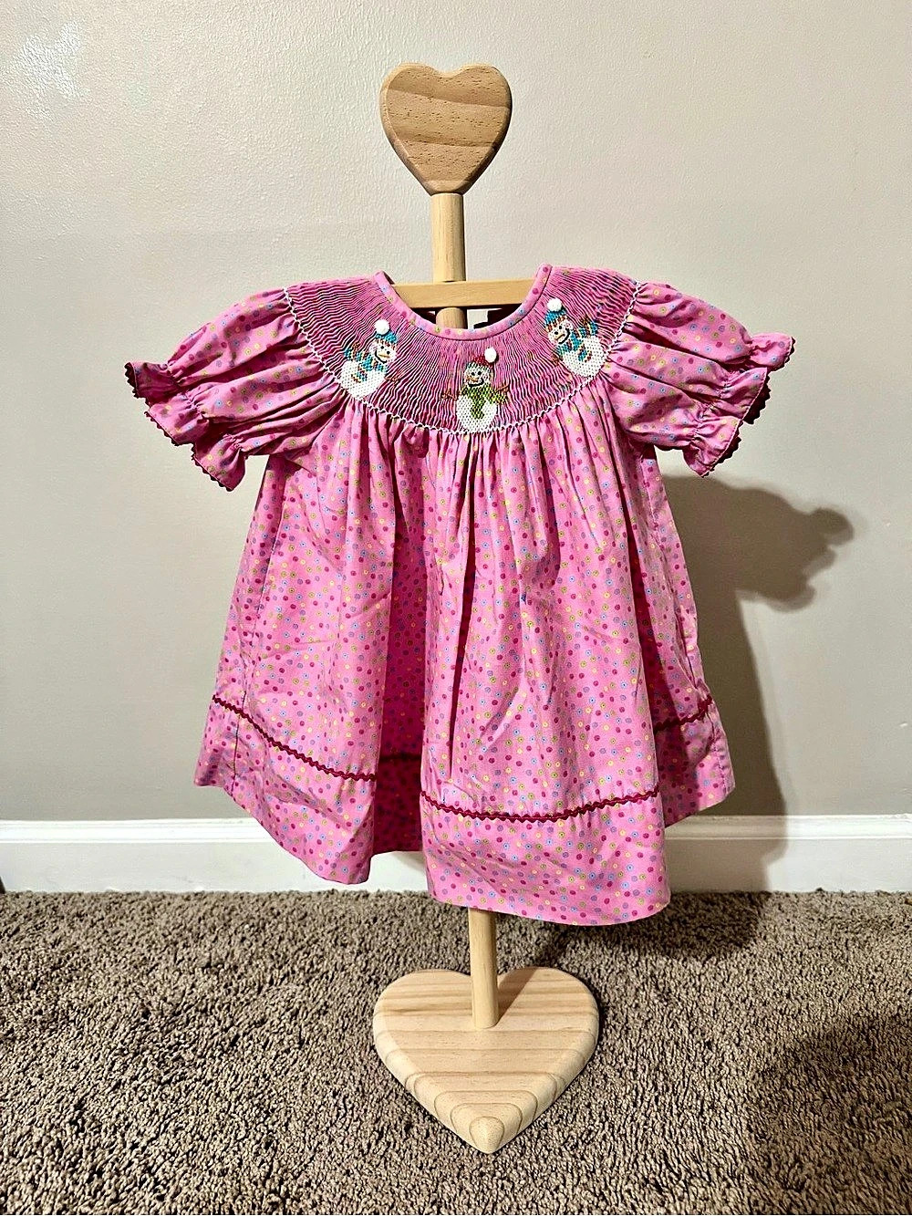 Classic Whimsy Baby Pink Embroidered Snowman Dress Size 6M